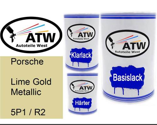 Porsche, Lime Gold Metallic, 5P1 / R2: 500ml Lackdose + 500ml Klarlack + 250ml Härter - Set, von ATW Autoteile West.